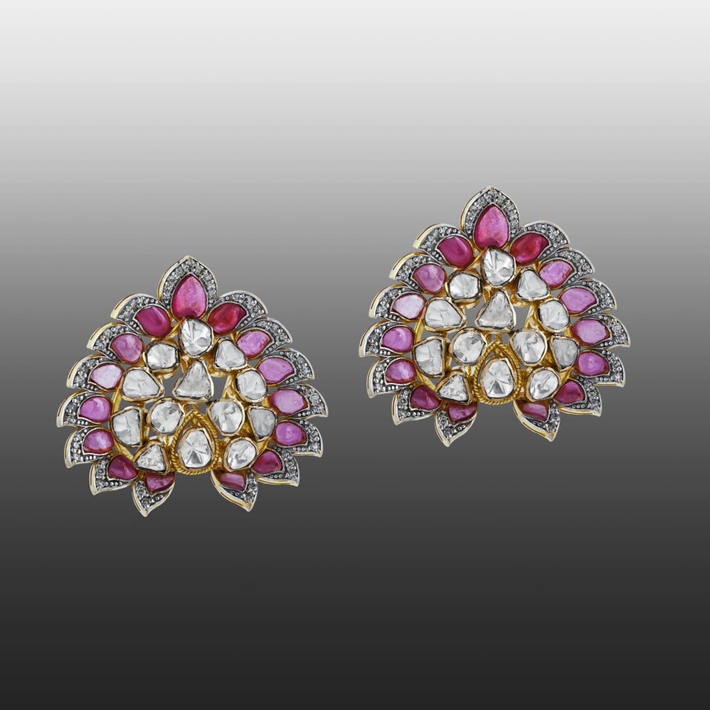 Polki Earrings with Pink Stone Petals and Diamond Accents